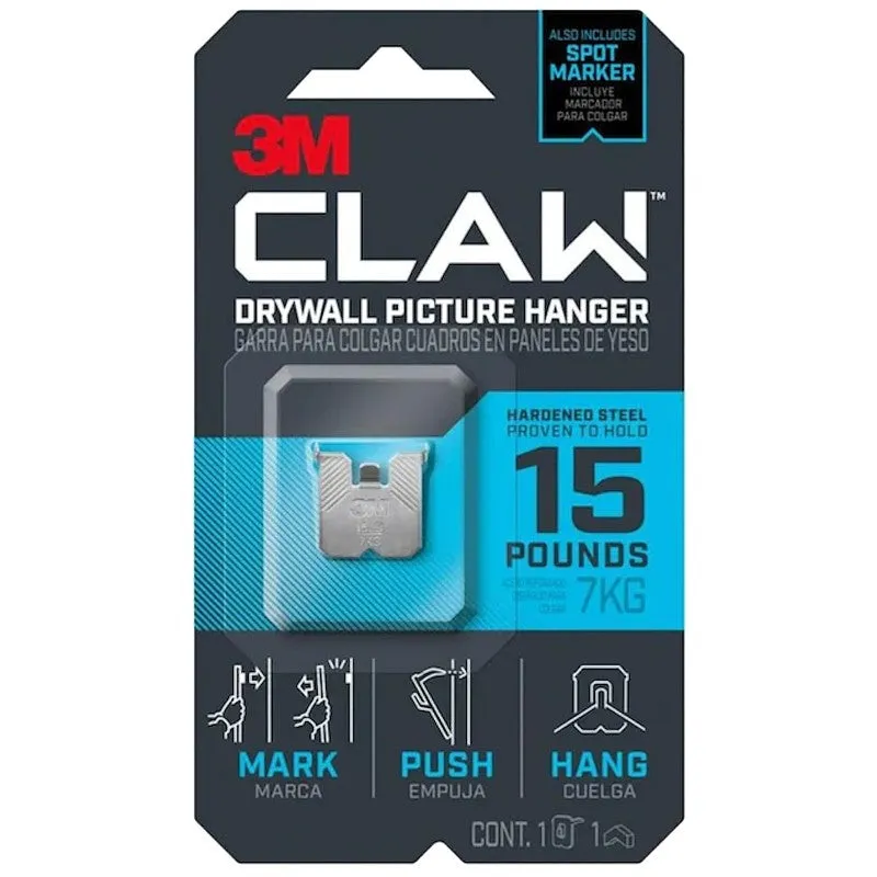 3M CLAW 3PH15M-1ES Drywall Picture Hanger, 15 lb, Steel, Push-In, 1/PK (Pack of 4)