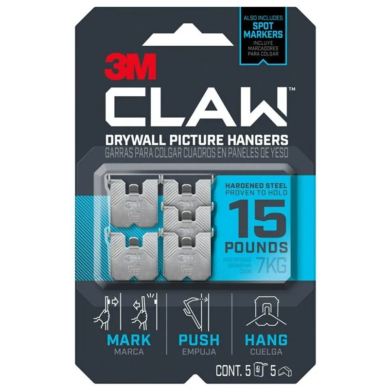 3M CLAW 3PH15M-5ES Drywall Picture Hanger, 15 lb, Steel, Push-In, 5/PK (Pack of 4)