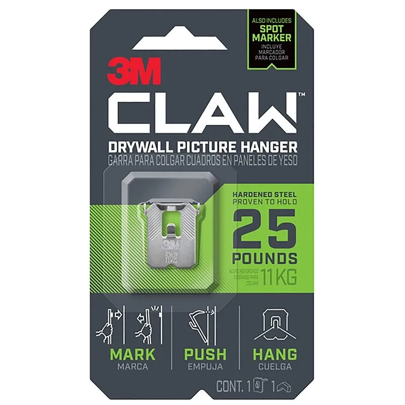 3M CLAW 3PH25M-1ES Drywall Picture Hanger, 25 lb, Steel, Push-In, 1/PK (Pack of 4)