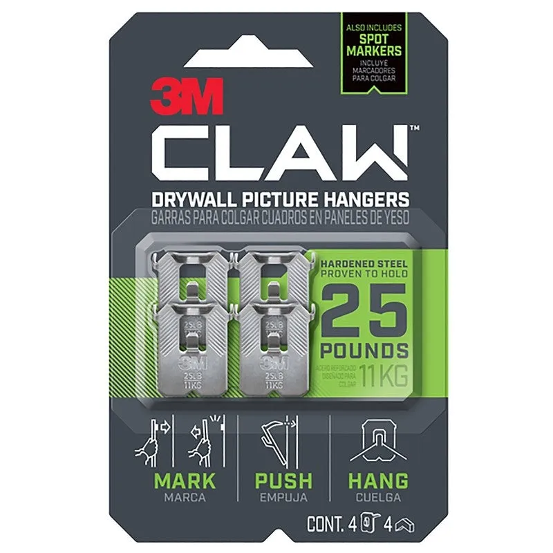 3M CLAW 3PH25M-4ES Drywall Picture Hanger, 25 lb, Steel, Push-In, 4/PK (Pack of 4)