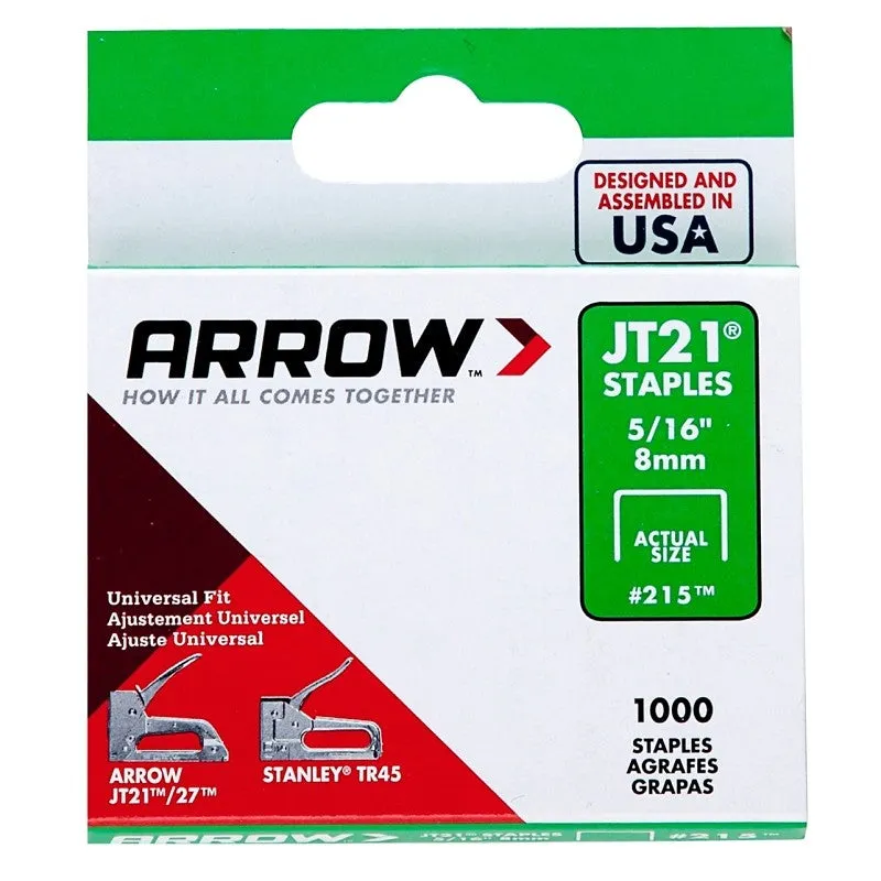 Arrow 215 Staple, 7/16 in W Crown, 5/16 in L Leg, Steel, 0.03 ga (Pack of 5)