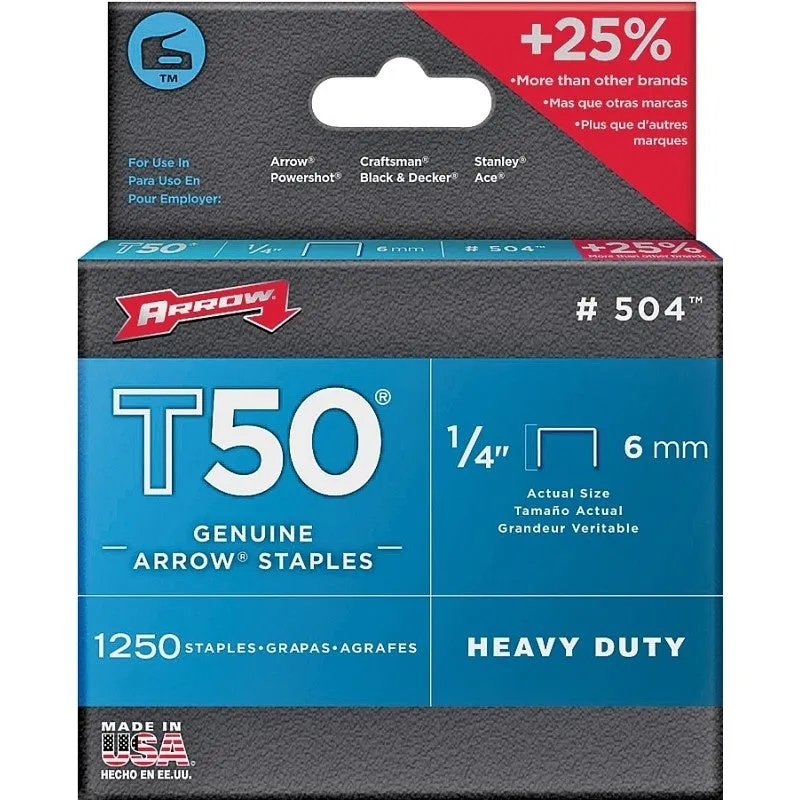 Arrow T50 Series 50424 Staple, For: T50 SA, T50 SHA Tacker, 3/8 in W Crown, 1/4 in L Leg (Pack of 4)