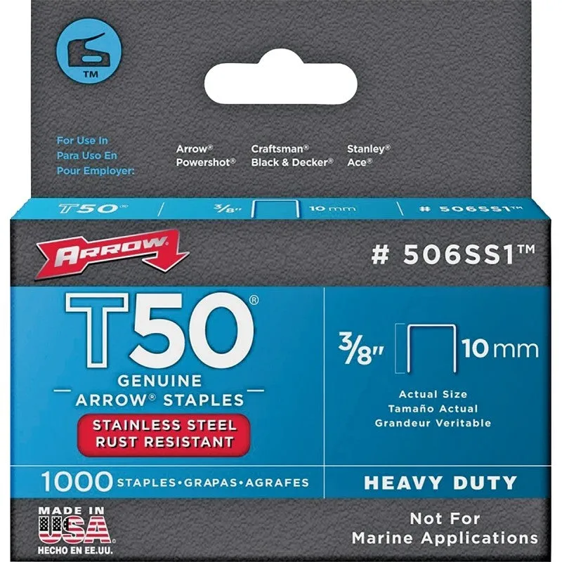 Arrow T50 Series 506SS1 Staple, For: HT 50A, T50, T5 Stapler, 3/8 in W Crown, 3/8 in L Leg (Pack of 5)