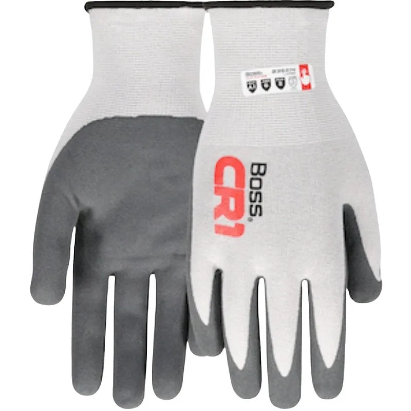 Boss CR1 B35014-M Cut-Resistant Gloves, M, Elastic Cuff, Nitrile Coating, Nylon/Spandex, Gray