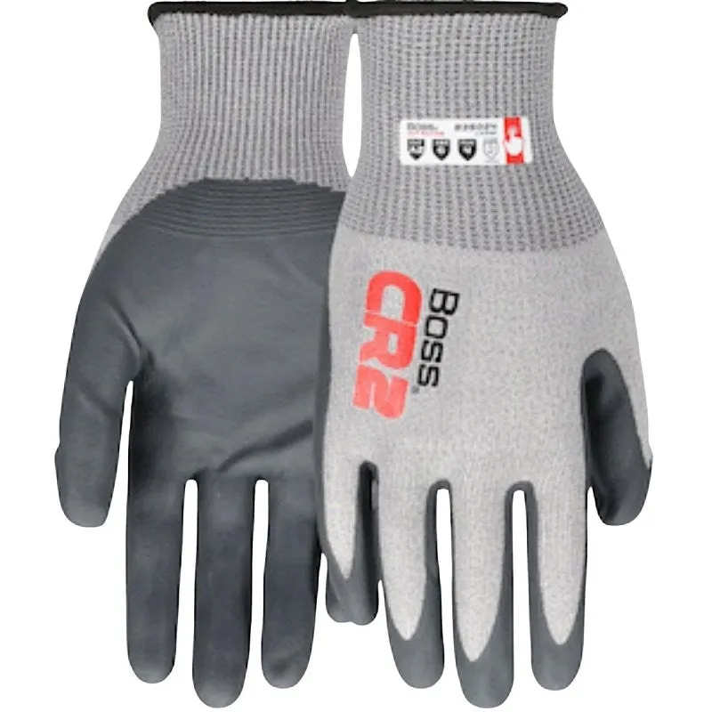 Boss CR2 B35024-XL Cut-Resistant Gloves, XL, Elastic Knit Wrist Cuff, Nitrile Coating, Nylon, Gray