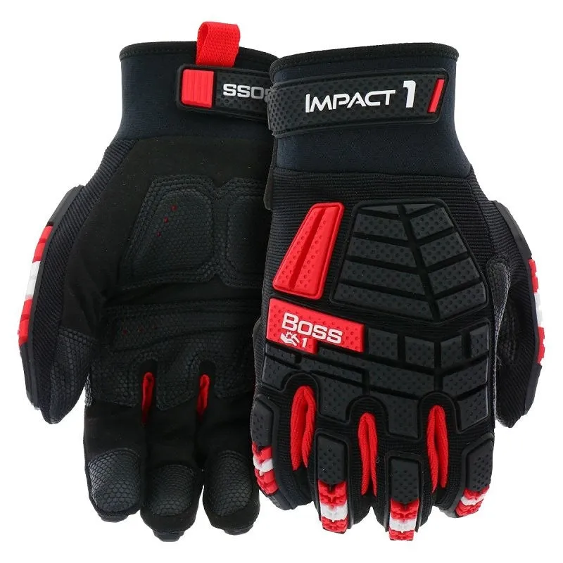 Boss Impact1 B52354-XL Work Gloves, Men’s, XL, 8-3/8 to 8-3/4 in L, Reinforced Thumb, Hook and Loop, Slip-On Cuff, Black