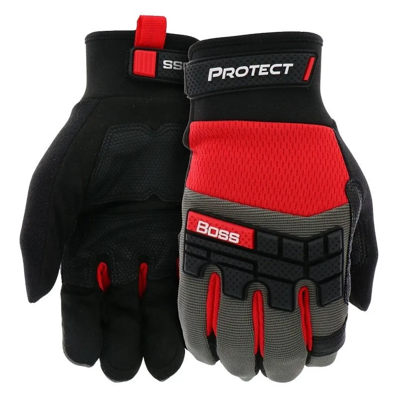 Boss Protect B52344-M Work Gloves, M, 7-1/8 to 8 in L, Reinforced Thumb, Hook and Loop, Slip-On Cuff, Gray
