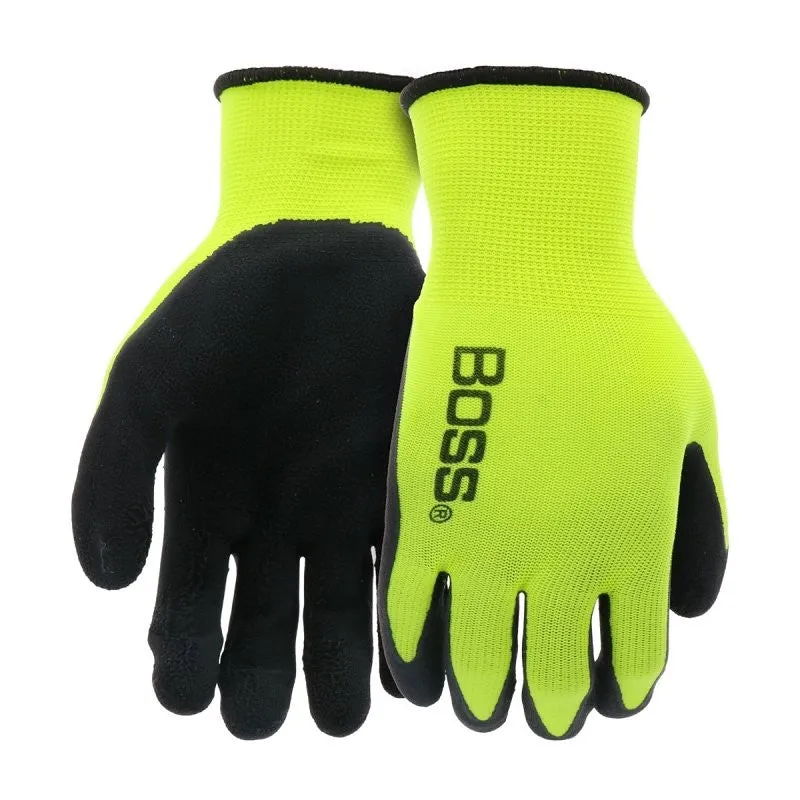 Boss Tactile Grip Series B31282-L3P Coated Gloves, L, Knit Wrist Cuff, Latex Coating, Polyester, Black/Hi-Viz Yellow