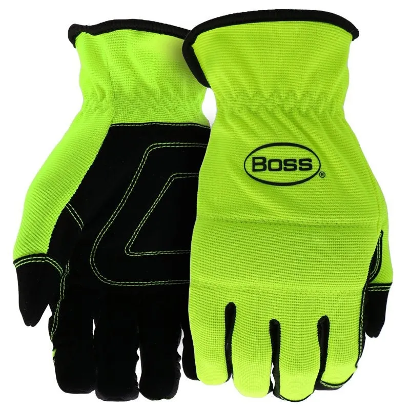 Boss Task Series B52121-XL Mechanic’s Gloves, XL, Reinforced Thumb, Slip-On Cuff, Synthetic Leather, Hi-Viz Yellow