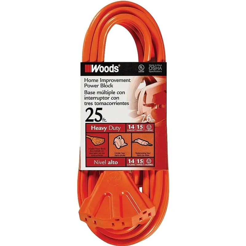 CCI 0825 Extension Cord, 14 AWG Cable, 25 ft L, 15 A, 125 V, Orange