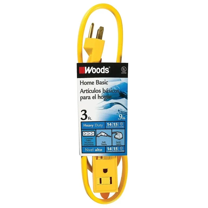 CCI 0863 Extension Cord, 14 AWG Cable, 3 ft L, 15 A, 125 V, Yellow