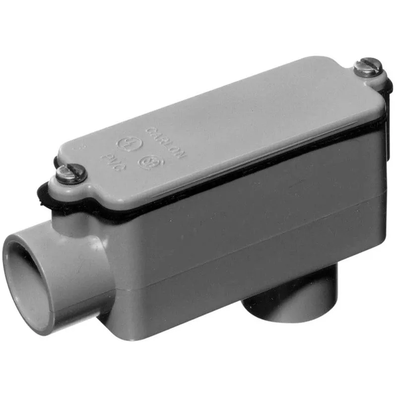 Carlon E986J-CTN Conduit Body, 2 in Hub, 8-13/32 in OAL, PVC, Gray, Includes: Foam-in-Place Gasket