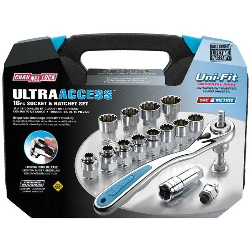 Channellock 39100 Socket Set, Steel, Chrome, Specifications: 3/8 in Drive Size