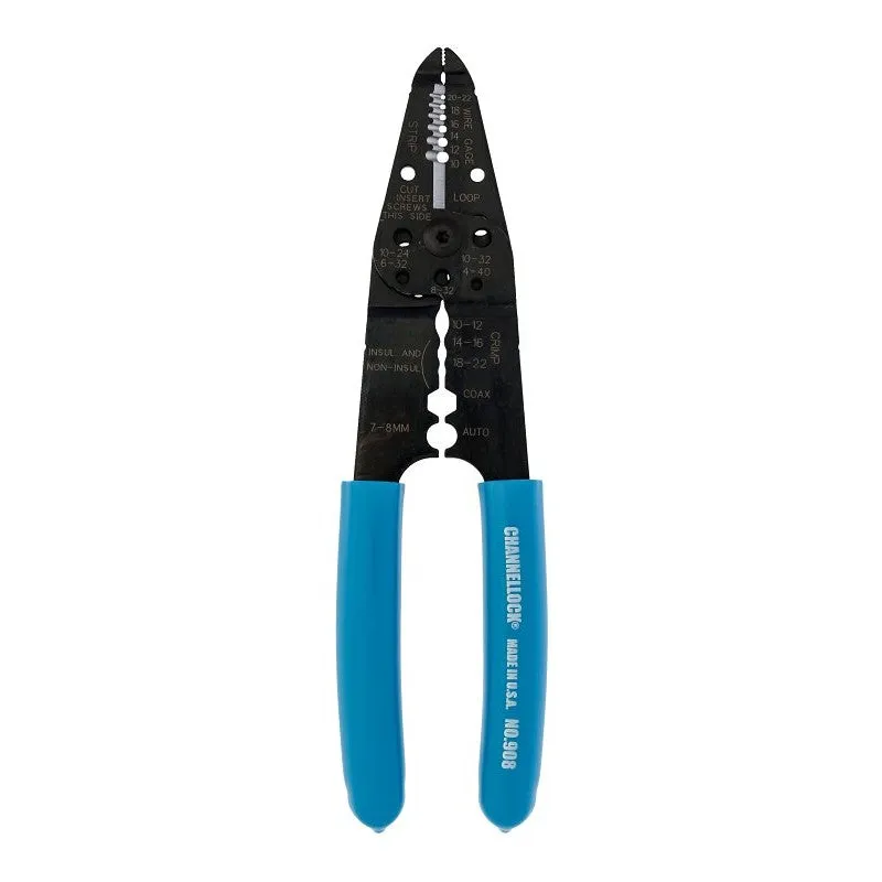 Channellock 908 Wire Stripper, 22 to 10 AWG Wire, 22 to 10 AWG Cutting Capacity, 8-1/4 in OAL, Gripper Handle