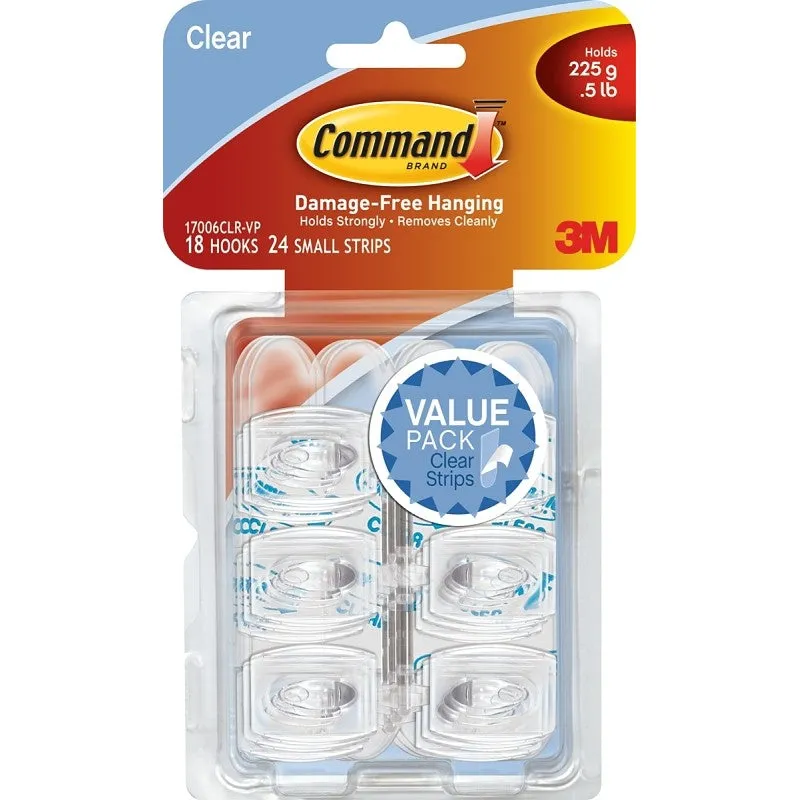 Command 17006CLR-VP Adhesive Hook, 0.5 lb, 18-Hook, Plastic, Clear (Pack of 4)