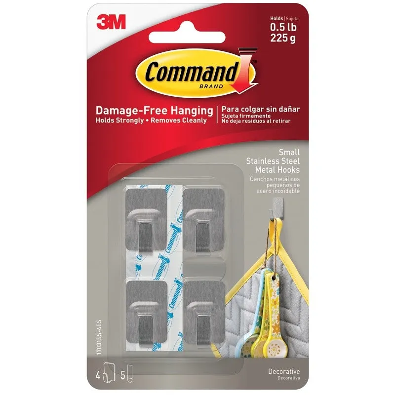 Command 17031SS-4ES Small Hook, 0.5 lb, 4-Hook, Metal, Gray, Stainless Steel (Pack of 4)
