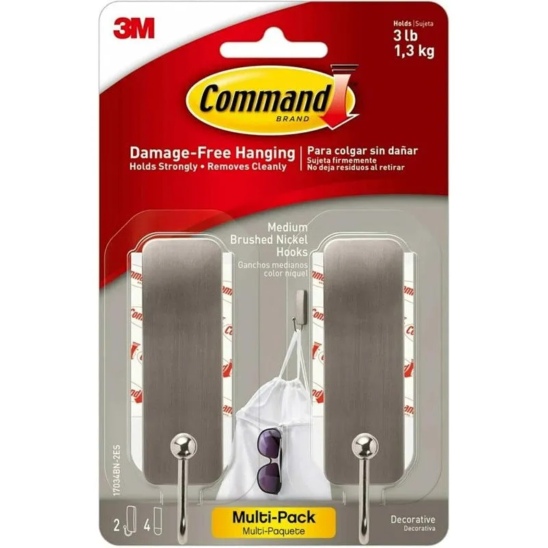 Command 17034BN-2ES Medium Adhesive Hook, 3 lb, 2-Hook, Metal, Brushed Nickel