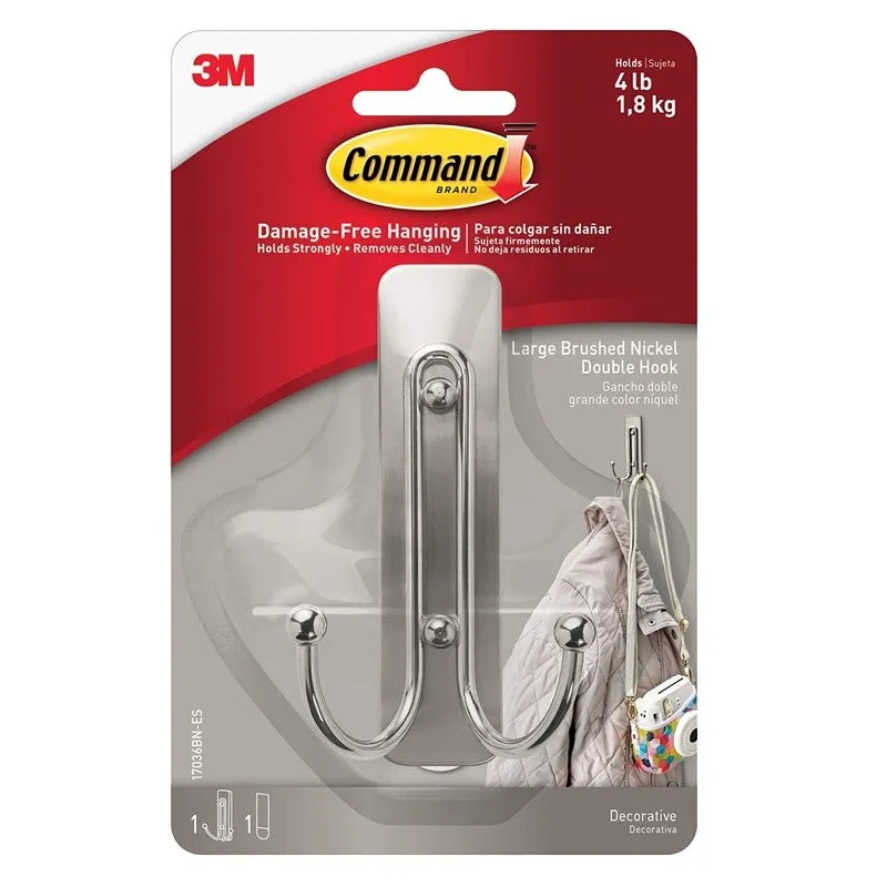 Command 17036BN-ES Large Double Hook, 4 lb, 1-Hook, Metal/Plastic, Gray, Brushed Nickel (Pack of 4)