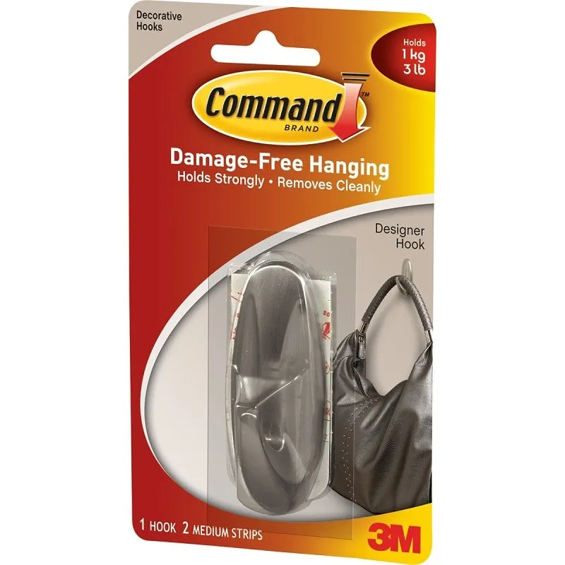 Command 17081-BN Designer Hook, 3 lb, 1-Hook, Plastic, Brushed Nickel (Pack of 4)