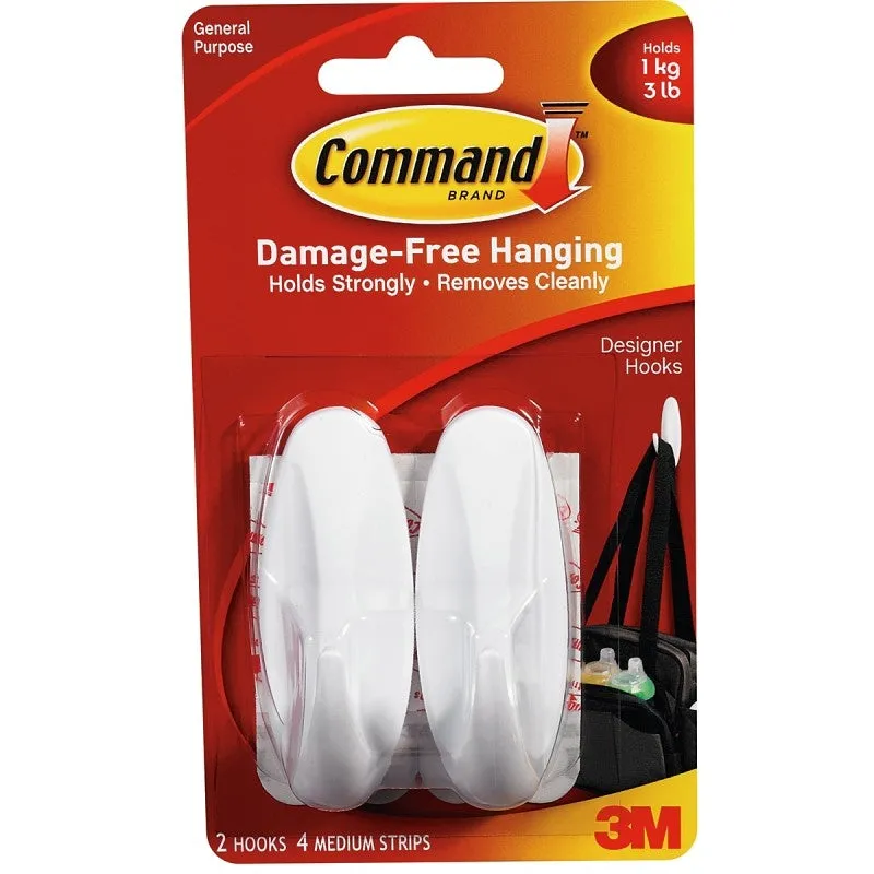 Command 17081 Medium Designer Hook, 3-1/8 in L x 1-1/8 in W x 1-1/8 in H Dimensions, 5/8 in Opening, 3 lb, 2-Hook, 2/PK (Pack of 6)