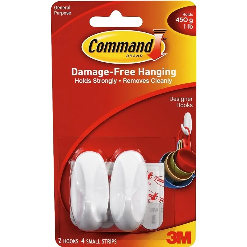 Command 17082 Designer Hook, 1/4 in Opening, 1 lb, 2-Hook, Plastic, White (Pack of 6)