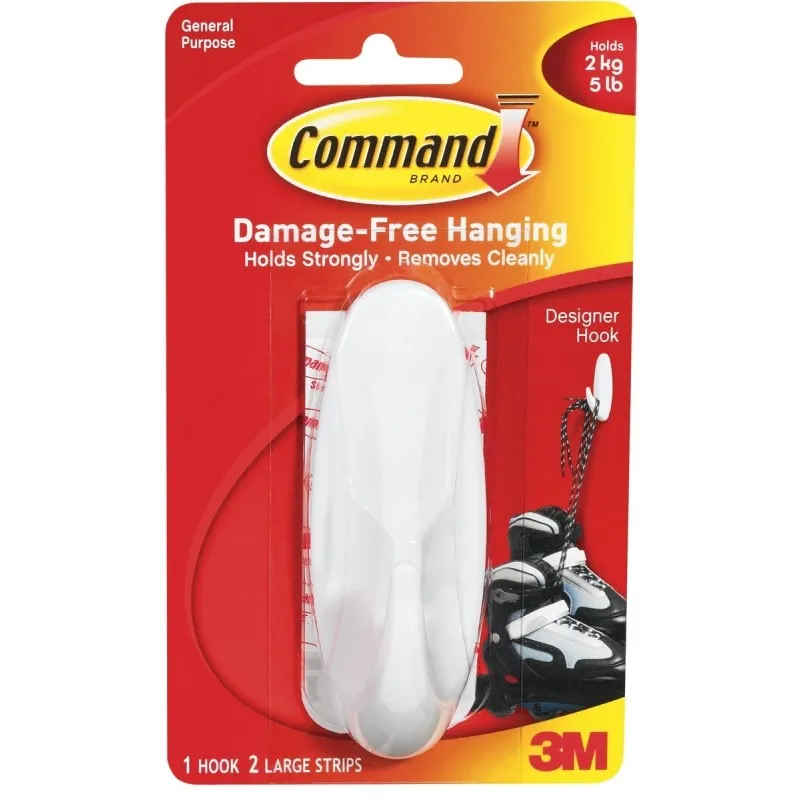 Command 17083 Large Designer Hook, 4-1/8 in L x 1-1/2 in W x 1-1/2 in H Dimensions, 3/4 in Opening, 5 lb, 1-Hook, White (Pack of 4)