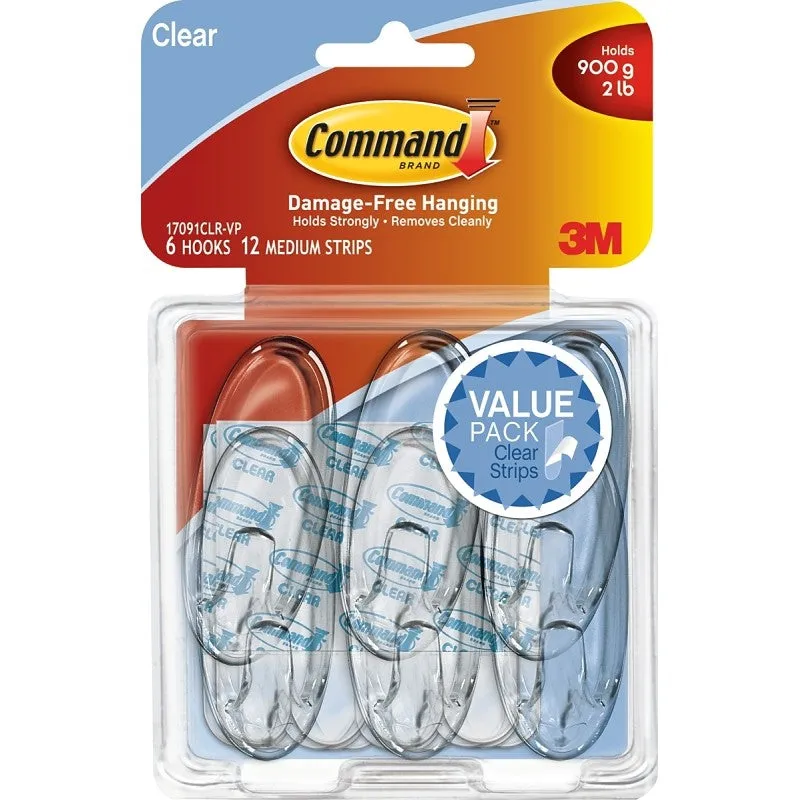 Command 17091CLR-VP Adhesive Hook, 2 lb, 6-Hook, Plastic, Clear (Pack of 2)