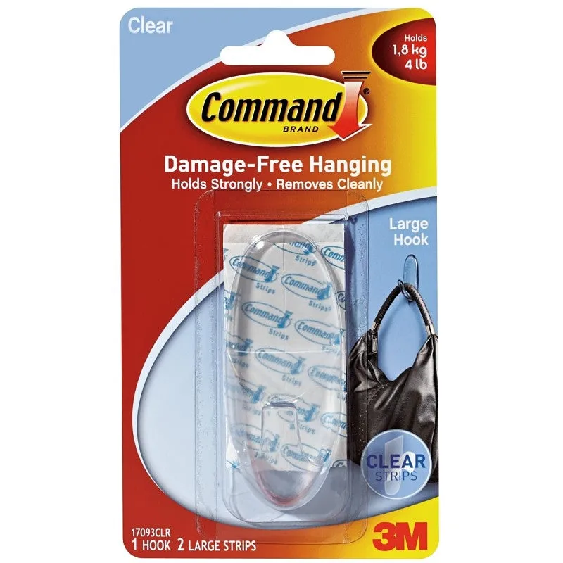 Command 17093CLR Adhesive Hook, 4 lb, 1-Hook, Plastic, Clear (Pack of 6)