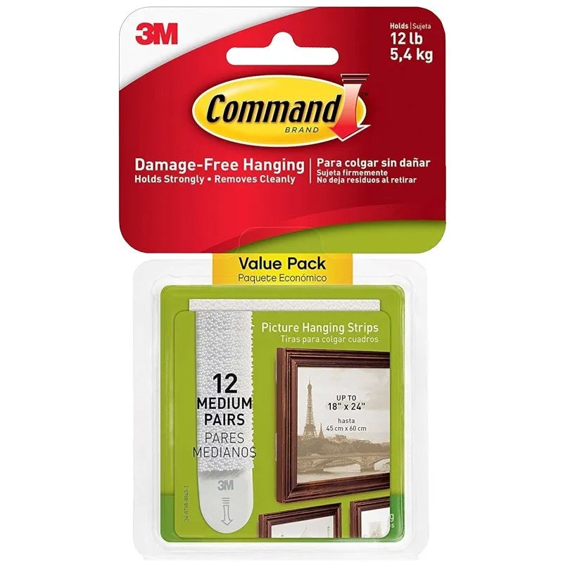 Command 17204-12ES Medium Picture Hanging Strip, 3/4 in W, 2-3/4 in L, Foam Backing, White, 3 lb (Pack of 6)