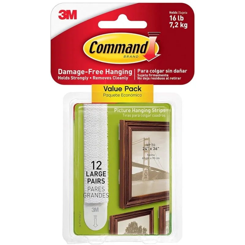 Command 17206-12ES Large Picture Hanging Strip, 3/4 in W, 3-5/8 in L, Foam Backing, White, 4 lb (Pack of 6)