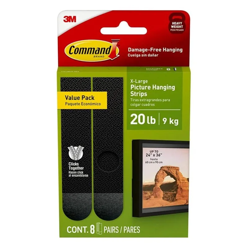 Command 17217BLK-8ES Picture Hanging Strip, Foam Backing, Black, 20 lb, 8/PR