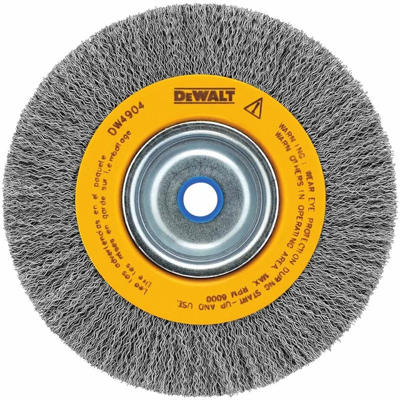 DEWALT 8″ crimped bench wire wheel 5/8″ abror, medium face, .014″ wire