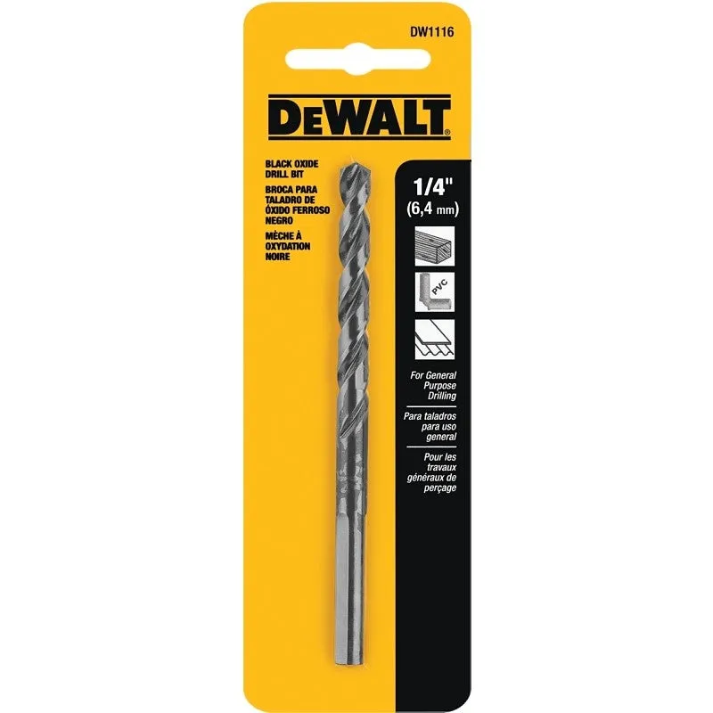 DEWALT DW1116 Jobber Drill Bit, 1/4 in Dia, 4 in OAL, Parabolic Flute, 1/4 in Dia Shank, Round Shank (Pack of 5)