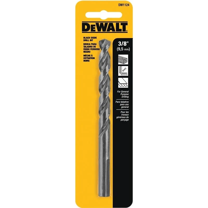 DEWALT DW1124 Jobber Drill Bit, 3/8 in Dia, 5 in OAL, Parabolic Flute, 3/8 in Dia Shank, Round Shank (Pack of 3)