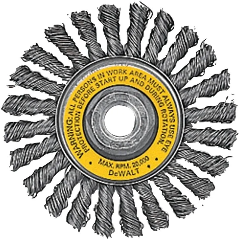 DEWALT DW4930 Wire Wheel Brush, 4 in Dia, 5/8-11 Arbor/Shank, Flat Knotted, Twisted Bristle, 0.02 in Dia Bristle