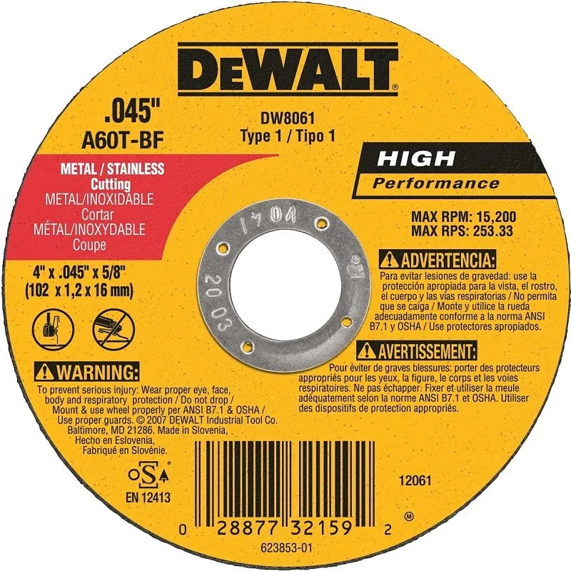 DEWALT DW8061 Cutting Wheel, 4 in Dia, 0.045 in Thick, 5/8 in Arbor, Aluminum Oxide Abrasive (Pack of 25)