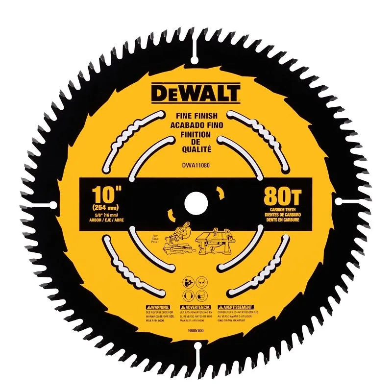 DEWALT DWA11080 Circular Saw Blade, 10 in Dia, 1 in Arbor, 80-Teeth, Carbide Cutting Edge, Applicable Materials: Wood