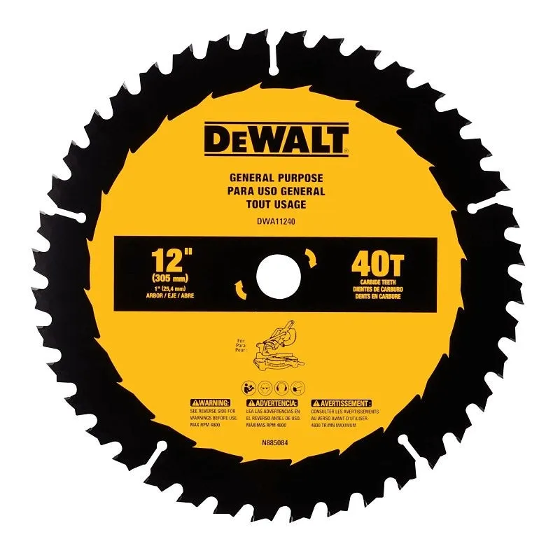 DEWALT DWA11240 General-Purpose Circular Saw Blade, 12 in Dia, 1 in Arbor, 40-Teeth