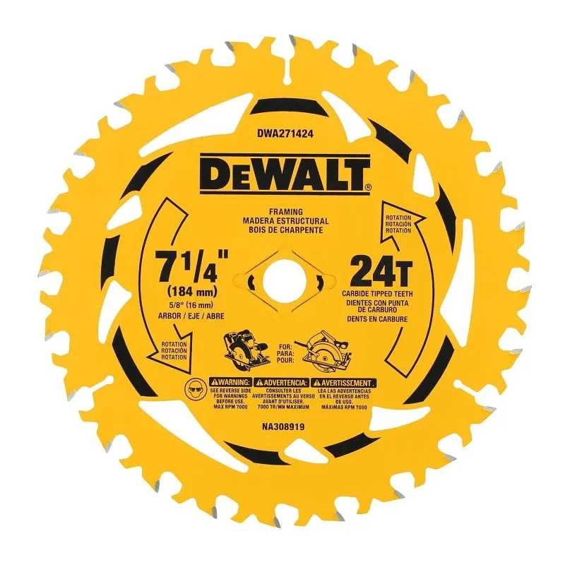 DEWALT DWA171424B10 Circular Saw Blade, 7-1/4 in Dia, 5/8 in Arbor, 24-Teeth, Tungsten Carbide Cutting Edge (Pack of 10)