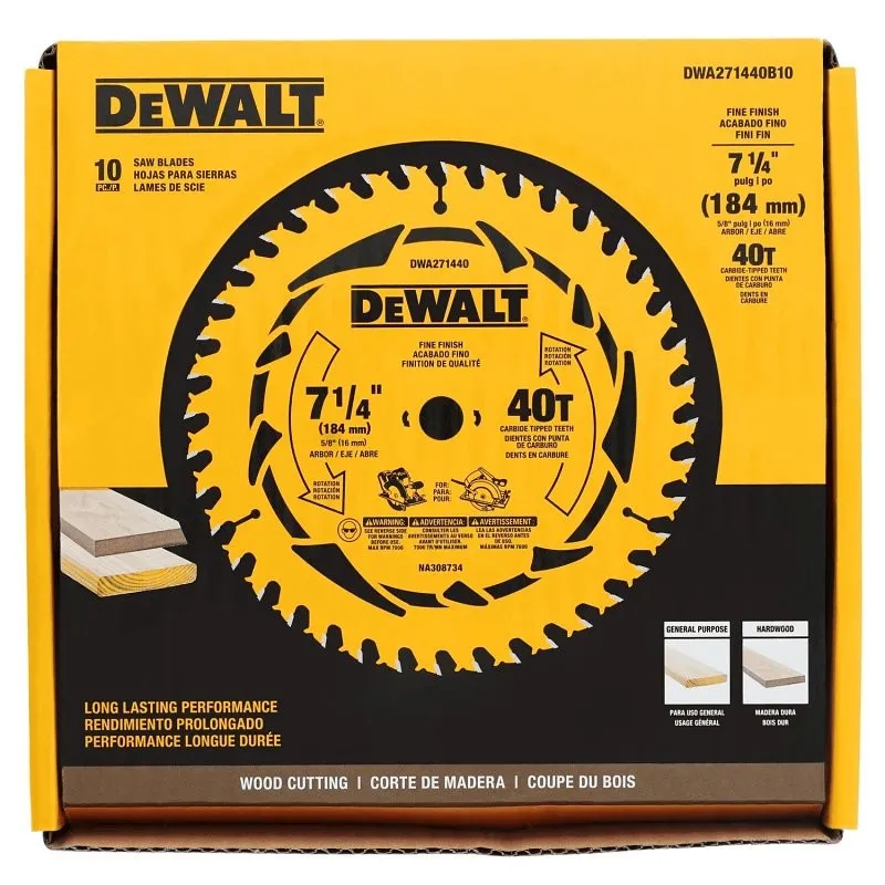DEWALT DWA171440B10 Circular Saw Blade, 7-1/4 in Dia, 5/8 in Arbor, 40-Teeth, Tungsten Carbide Cutting Edge (Pack of 10)