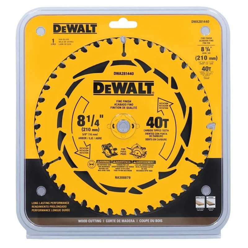 DEWALT DWA181440 Circular Saw Blade, 8-1/4 in Dia, 5/8 in Arbor, 40-Teeth, Applicable Materials: Wood