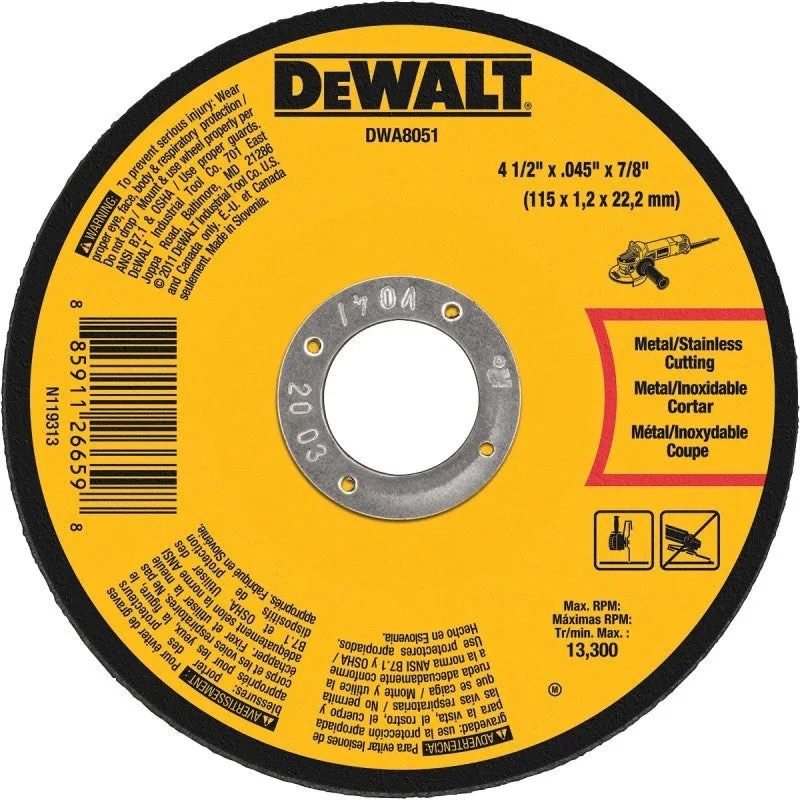 DEWALT DWA8051 Cutting Wheel, 4-1/2 in Dia, 0.45 in Thick, 7/8 in Arbor, Medium, Aluminum Oxide Abrasive (Pack of 25)