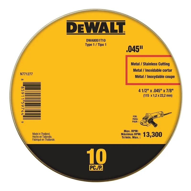 DEWALT DWA8051T10 Cut-Off Wheel, 4-1/2 in Dia, 0.045 in Thick, 7/8 in Arbor, Aluminum Oxide Abrasive (Pack of 10)