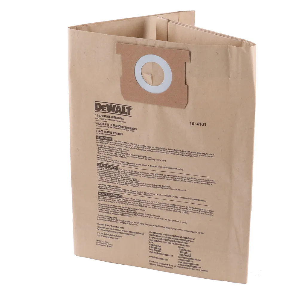 DEWALT DXVA194101 6 Gallon to 10 Gallon Dust Bag Filter Wet/Dry Vacuum (Pack of 3)