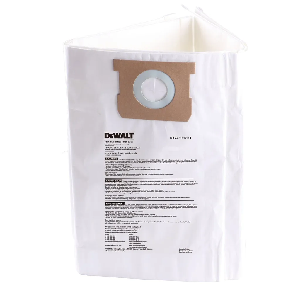 DEWALT DXVA194111 6 Gallon to 10 Gallon Fine Dust Bag Filter Wet/Dry Vacuum (Pack of 3)