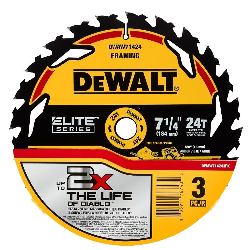 DEWALT ELITE Series DWAW714243PK Circular Saw Blade, 7-1/4 in Dia, 5/8 in Arbor, 24-Teeth, 3/PK