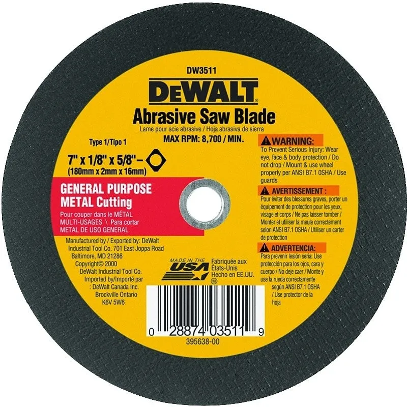 DEWALT HIGH PERFORMANCE Series DW3511 Abrasive Saw Blade, 7 in Dia, 5/8 in Arbor (Pack of 25)