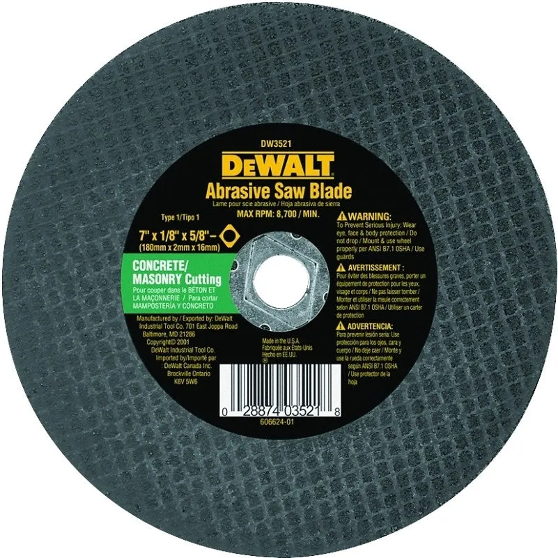 DEWALT HIGH PERFORMANCE Series DW3521 Abrasive Saw Blade, 7 in Dia, 5/8 in Arbor, Aluminum Oxide Cutting Edge (Pack of 25)