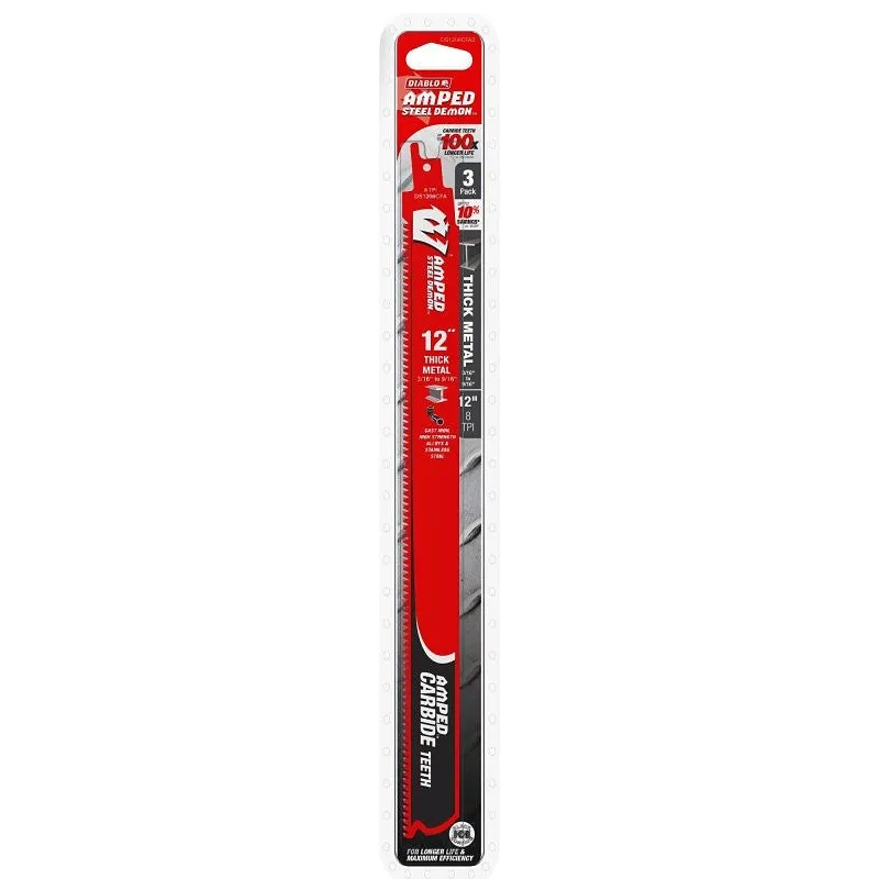 Diablo AMPED Steel Demon DS1208CFA3 Reciprocating Saw Blade, 1 in W, 12 in L, 8 TPI, Carbide Cutting Edge