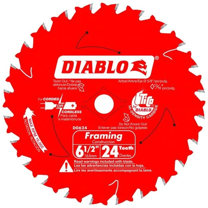 diablo d0624a framing trim saw blade 6 12 in dia 58 in arbor 24 teeth carbide cutting edge pack of 1